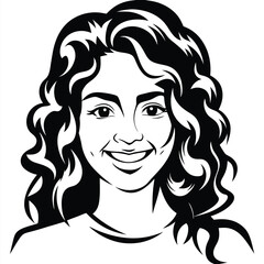 Smiling woman with wavy hair is drawn in black and white monochrome