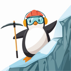 Obraz premium Cute penguin explorer wearing safety gear climbing icy mountain with pickaxe in cartoon style design