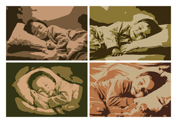 Four illustrations of a child sleeping peacefully in bed, resting and dreaming