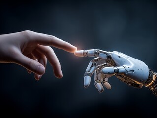 Naklejka premium 人間の手とロボットの手が触れる瞬間