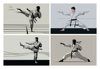 Four illustrations of karate practitioners demonstrating various stances and techniques