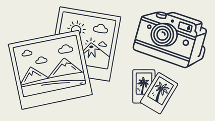 Vintage camera and photo prints vector illustration for photography and memories themed designs and artwork