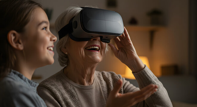 A young girl and her grandmother enjoying a virtual reality experience with smiles and wonder. The grandmother is wearing a VR headset, and they both look engaged and fascinated.