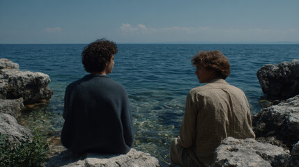 Young couple sitting on rocky shore looking at calm sea
