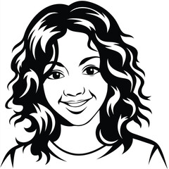Smiling young woman with curly black hair confidently poses in a monochrome portrait