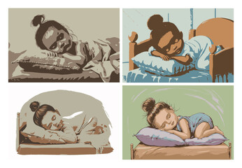 Illustrations of a young girl sleeping peacefully in bed, dreaming sweet dreams