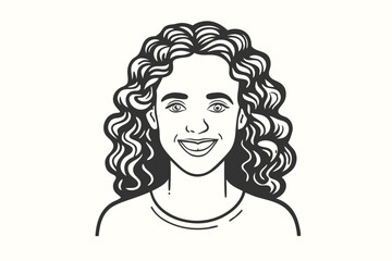 Smiling woman with curly hair and fair skin looks friendly in an ink drawing