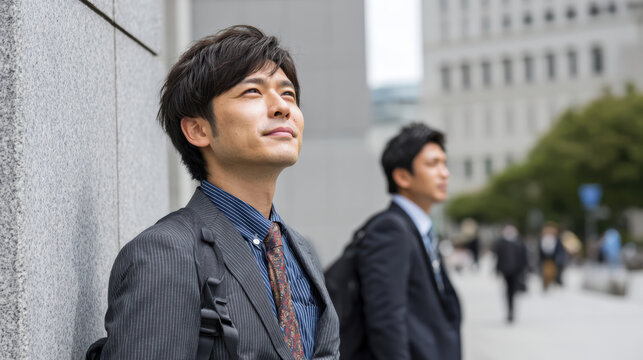 Confident businessman standing outside office building urban area