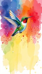 Vibrant watercolor hummingbird in flight nature scene art illustration colorful background eye-level view dynamic beauty