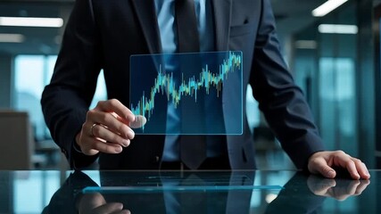 Financial analyst examining stock market data trend on transparent digital display screen - Powered by Adobe