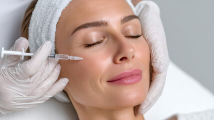 Woman receiving facial injection in a cosmetic clinic. Beauty treatment for skin rejuvenation. Aesthetic medicine concept.