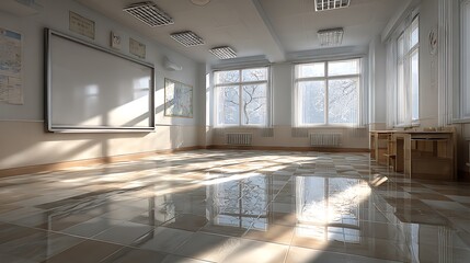 Clean academic classroom interior with wide smart whiteboard, bright daylight from windows, tidy desks, open teaching space, modern school learning and lecture atmosphere.