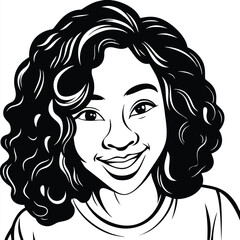 Smiling African American girl portrait displays her curly hair in a monochrome image