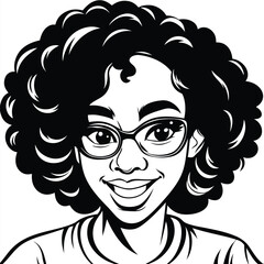 Smiling young woman with curly hair and glasses in monochrome art style