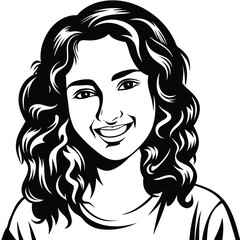 Joyful young woman with curly hair smiles in a black and white portrait
