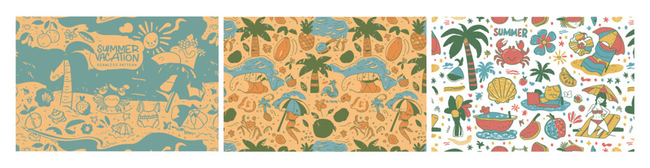 Set of tropical seamless pattern background design with palm tree leaf and summer vacation