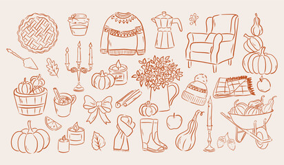 Whimsical autumn illustration.Hand drawn Sketch style  outline elements