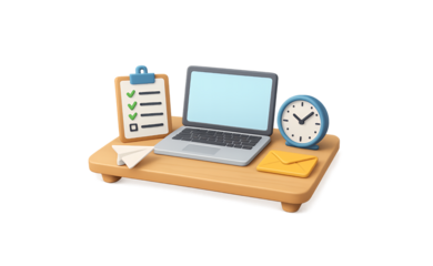 A miniature wooden desk with a laptop clipboard and clock representing a workspace or study area isolated on transparent background