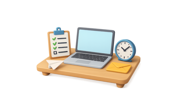 A miniature wooden desk with a laptop clipboard and clock representing a workspace or study area isolated on transparent background