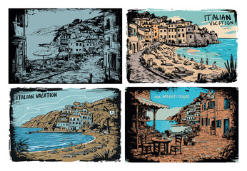 Set of vintage italian vacation travel postcards with sketch drawing style and sea view
