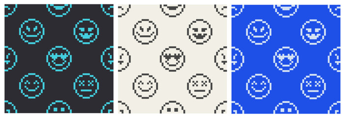 Set of seamless patterns with 8-bit emoji. Prints with pixelated smiley. Various emotions in 8-bit style. Brutalism design, y2k aesthetics.