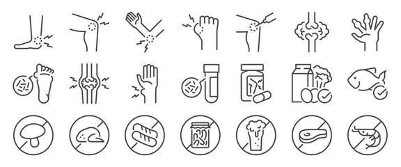 Gout icon set. It included sick, disease, patient, orthopedic, and more icons. Editable Vector Stroke.
