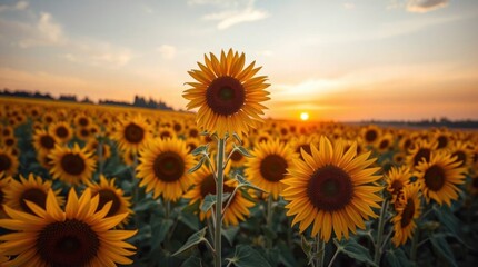 Obraz premium Sunflower field at sunset golden light illuminates the many blossoms