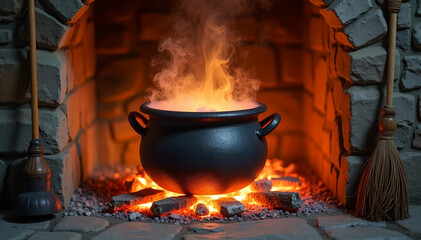 Black cauldron boiling over fire in stone fireplace with glowing embers