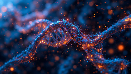 Glowing Digital DNA Strand with Abstract Particles and Futuristic Technology

