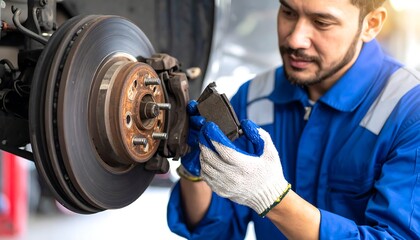 Fototapeta premium Mechanic Inspecting Worn Brake Pads During Car Maintenance