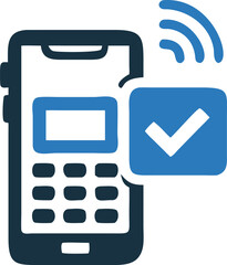 Smartphone displays a blue checkmark inside of square indicating confirmation wirelessly near the screen