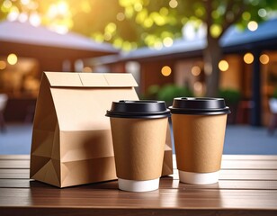 Takeaway coffee cups with black lids and brown paper bag on wooden table outdoors in a sunny cafe or park setting, ready for takeaway or delivery