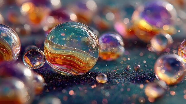 Colorful glass spheres on a dark, sparkly surface