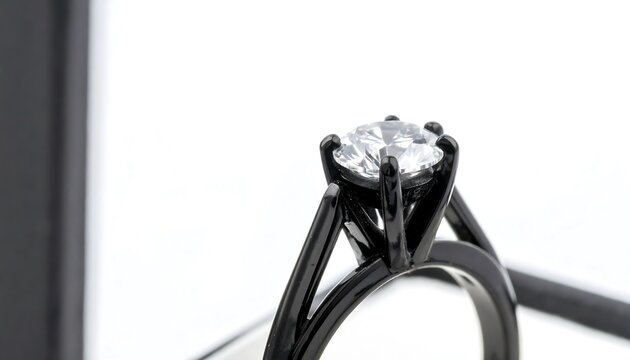 Close-up view of a solitaire diamond ring with a black metal setting, highlighting the brilliance of the gem against a white background.