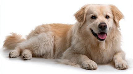 Obraz premium Happy golden retriever dog lying down with tongue out white