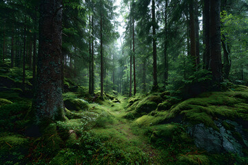 Obraz premium Fresh green moss covering the floor of a fir and pine forest in Sweden