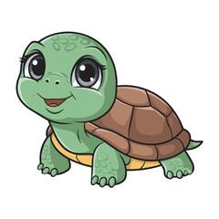 Adorable Cartoon Turtle with Big Eyes and a Brown Shell on a White Background
