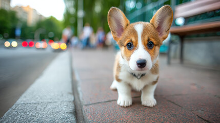 Cute corgi puppy dog sitting sidewalk with blurred city background