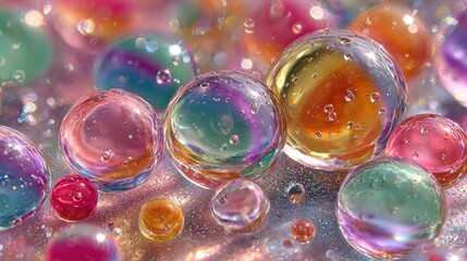Close-up of iridescent spheres, various sizes and colors, on a shimmering surface
