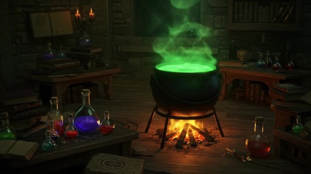 Wizard's study with bubbling green potion and various books and bottles