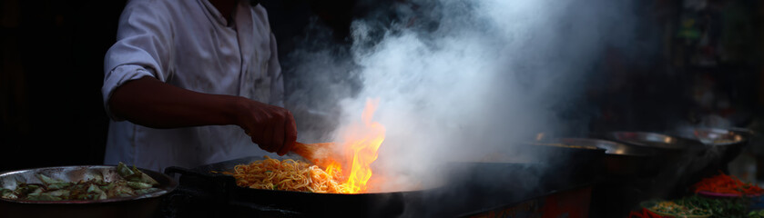 Obraz premium Cooking food with fire and smoke busy kitchen with fresh