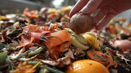 Person composting food waste backyard compost bin garden