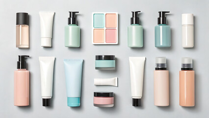 A curated collection of various skincare and cosmetic products arranged neatly on a neutral background