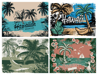 Set of four hawaiian vacation themed illustrations with palm trees and beaches