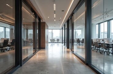 Modern office corridor with glass partitions revealing meeting rooms, workstations. Polished concrete floor reflects natural light from large windows. Sleek, pro interior design with minimalist