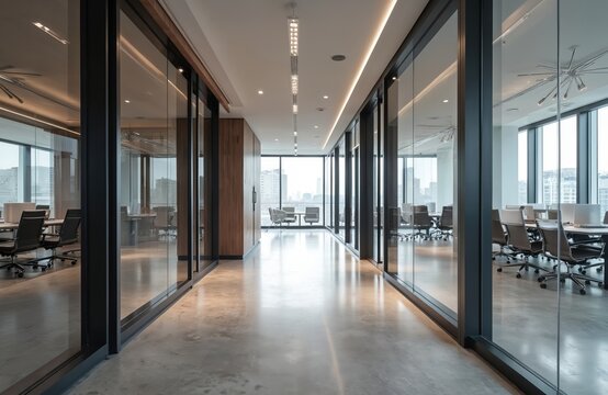 Modern office corridor with glass partitions revealing meeting rooms, workstations. Polished concrete floor reflects natural light from large windows. Sleek, pro interior design with minimalist