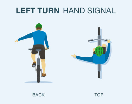 Safe driving tips and traffic regulation rules. Isolated cyclist showing left turn hand signal. Back and top view. Flat vector illustration template.