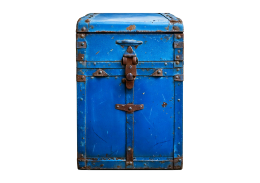 Vintage Blue Metal Box with Rusted Iron Straps isolated on transparent or white background