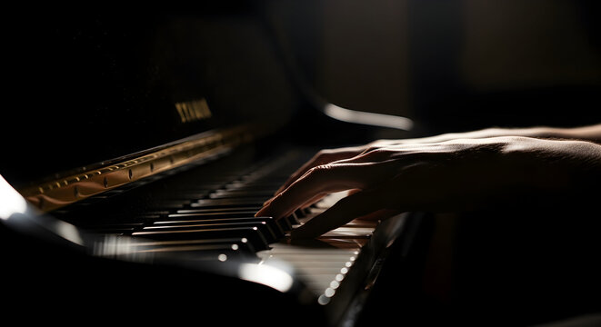 Close-up of a person�s hands playing piano keys with elegance and skill, creating beautiful music and artistic expression. - Powered by Adobe
