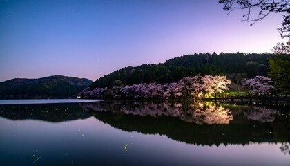 Serene lake scene at dawn, showcasing cherry blossoms illuminated by soft light, reflected perfectly in the calm water.